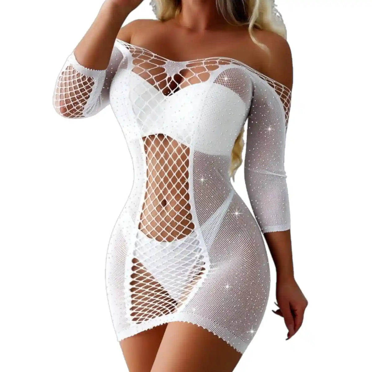 Vestido Malla Perlado Blanco 7888