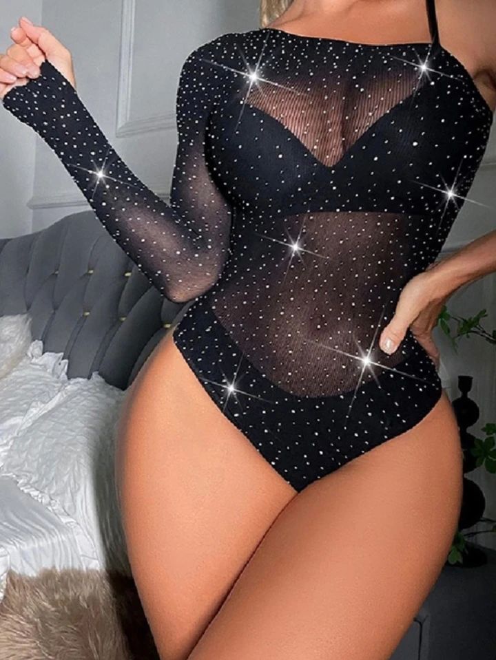 One Sleeve Pearl Mesh Bodysuit