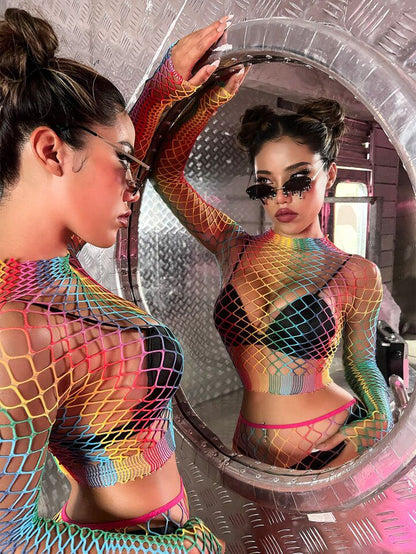 2 Piece Rainbow Mesh Suit