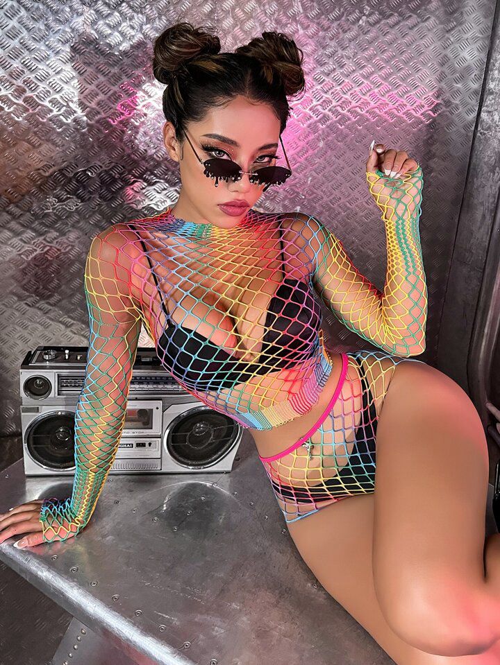 2 Piece Rainbow Mesh Suit