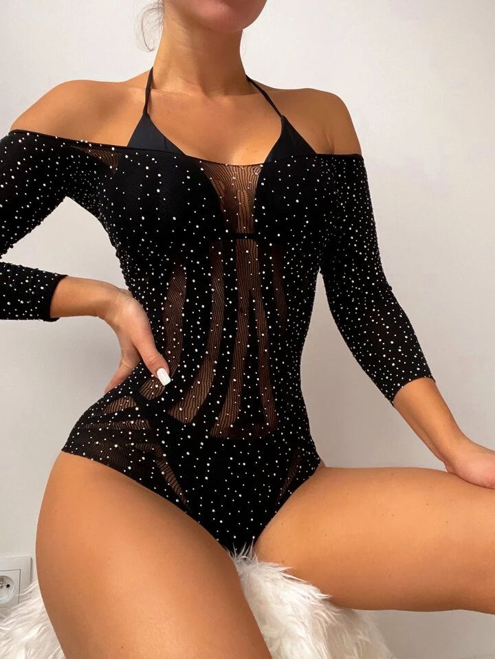 Body en Malla Perlada Manga Larga