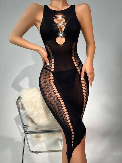 Mesh Black Sleeveless Long Dress
