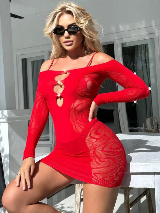 Mesh Long Sleeve Red Dress