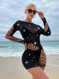 Mesh Pearled Long Sleeve Black Dress