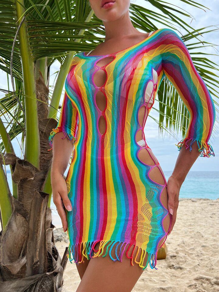 Rainbow Mesh Dress With Sleeves